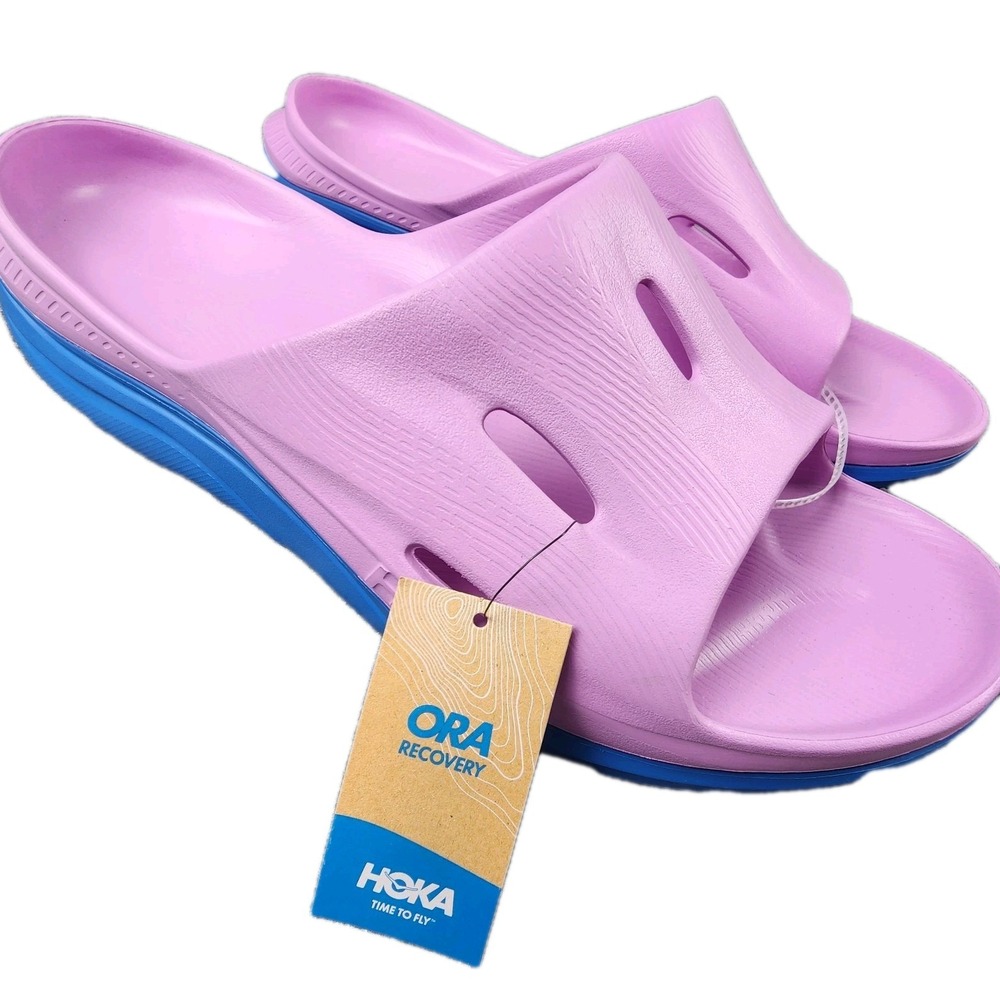 Hoka One One 14 M Ora Recovery Slide 3 Sandals in Cyclamen Coastal Sky Pink Blue